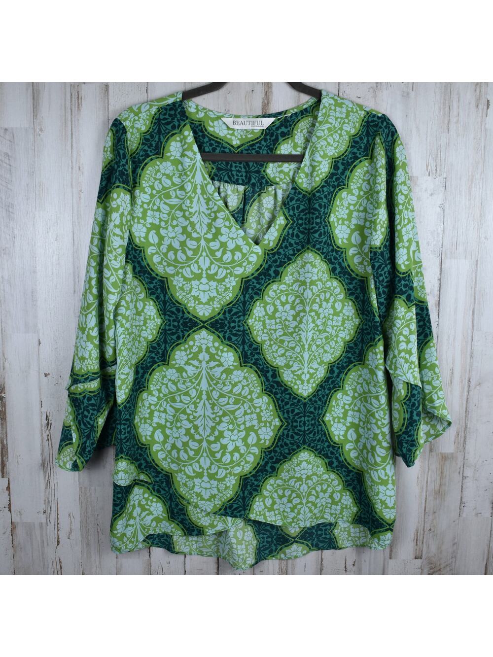 Lawrence Zarian Top Women's Medium Paradise Green Print Drapey Blouse Boho M